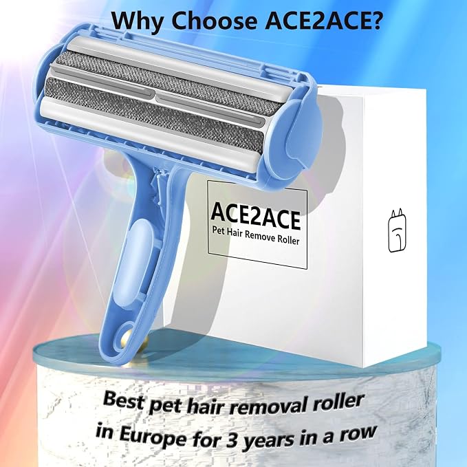 ACE2ACE Pet Hair Remover, Reusable Lint Roller for Cat and Dog Hair, Blue | Self Clean Cat Hair Remover with Dust Bin, Dog Hair Remover for Couch, Furniture, Carpet, Sofa and Bedding