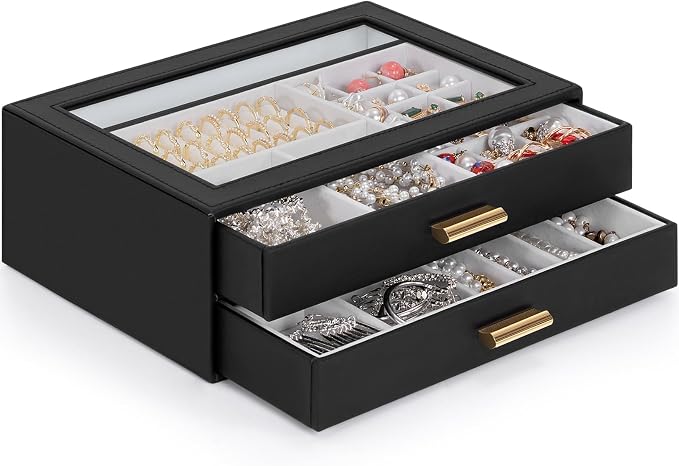 AKOZLIN Jewelry Box with Clear Lid Functional Leather Jewelry Storage Organizer Case 2 Drawers for Women Girls Necklace Ring Bracelet Earring