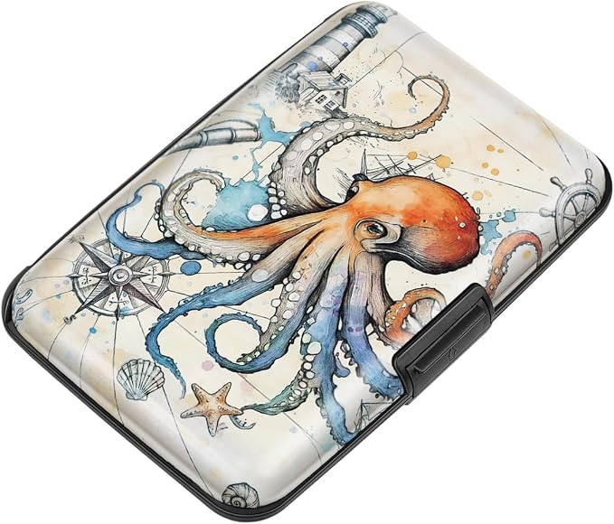 Coco Rossi Credit Card Holder RFID Aluminum Small Mini Wallet Women | Metal Wallet, Business Cards Holder, ID Case, Slim Sleeves, Womens Girls Gift, Carry Proof Wallets for Travel, Octopus