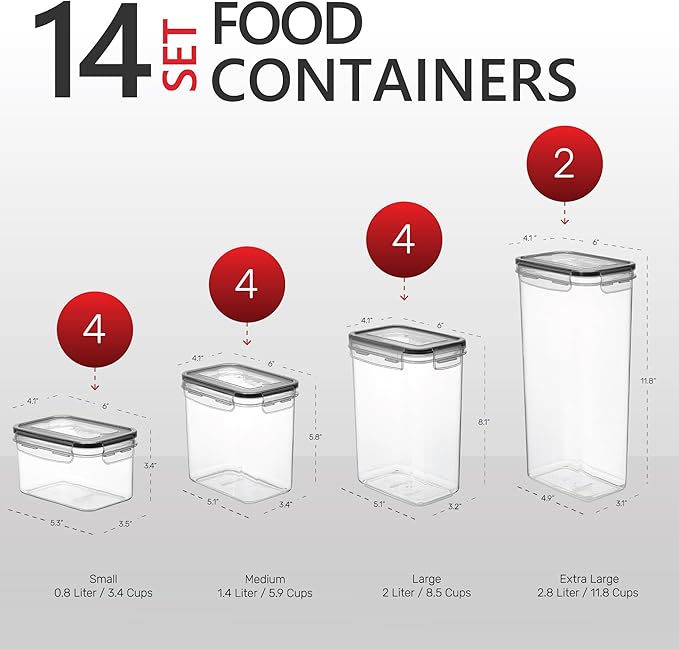 DWËLLZA KITCHEN Airtight 4 Pc Cereal Storage Containers - 14PC Kitchen Pantry Organization and Storage - BPA-Free Clear 8 1.4L Containers with Lids