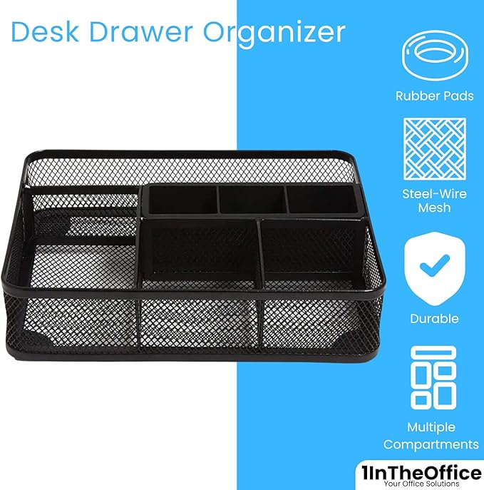 1InTheOffice Modern Minimalist Mesh Collection Desk Drawer Organizer, 7 Compartment, Matte Black