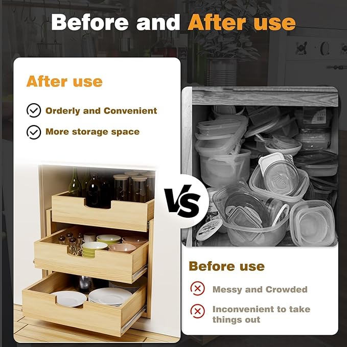 Pull Out Cabinet Organizer, 26''W×21''D Sliding Drawers for Cabinets, 3 Tier Soft Close Slide Out Wooden Pull out Drawers, Base Cabinet Organization for Kitchen, Pantry, Bathroom.