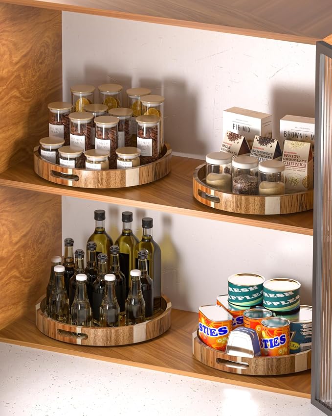 12" Acacia Wood Lazy Susan Turntable Organizer, Double Handle Cabinet Organizer with High Rim，Round Wooden Lazy Susan for Table Top Cabinet Pantry Countertop Cupboard Organization
