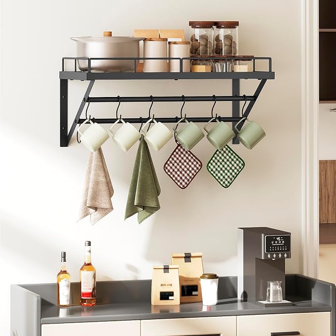 YATINEY Wall Mounted Pot Rack, 23.8 Inch Pot and Pan Organizer with 2 Tier Hanging Rails, 12 S-Hooks, Metal Pot Rack for Kitchen Cookware Organizer, Space Saving, for Kitchen Utensils, Black PR01BK