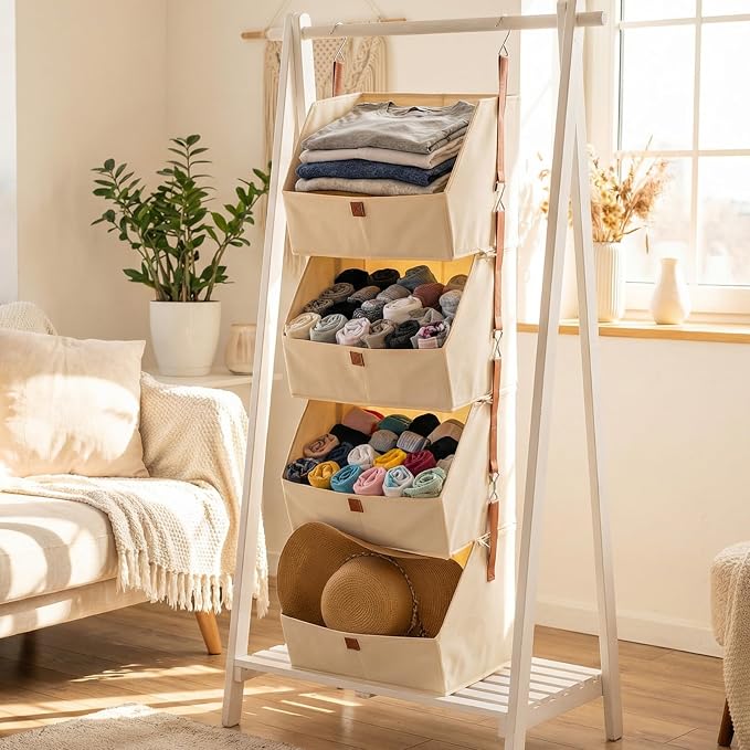 4-Tier Hanging Closet Organizer and Storage, Foldable Fabric Shelves with Hooks, Space-Saving Hanging Shoe Organizer for Bedroom, Dorm, RV, Beige
