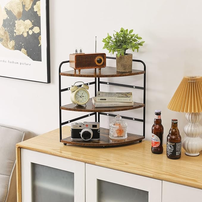 IBUYKE Corner Shelf,Wood Kitchen Spice Organizer,Brown TWJ002H | Bathroom Counter Organizer 3-Tier Spice Rack for Small Spaces Cosmetic Storage Perfume Holder Adjustable Height