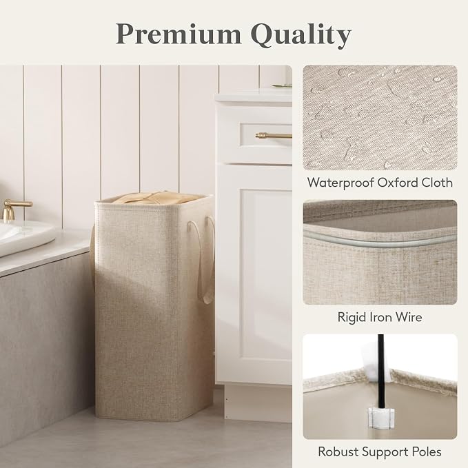 Lifewit Slim Laundry Hamper, Narrow Small Laundry Basket with Handle for Dirty Clothes, Collapsible Tall Thin Laundry Bin for Bathroom Bedroom Dorm College, 50L, Beige