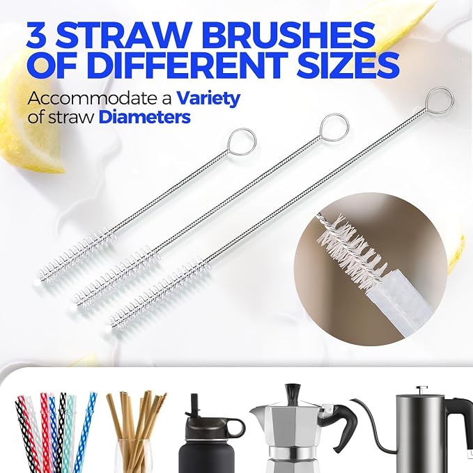 Holikme 5 Pack Bottle Brush 14" Stainless Steel Straw Cleaner Brush,Blue | 14" Long Handle Stainless Steel Bottle Cleaner Brush, 3 Straw Brushes, Bottle Cleaning Brush for Water Bottle Cups Baby