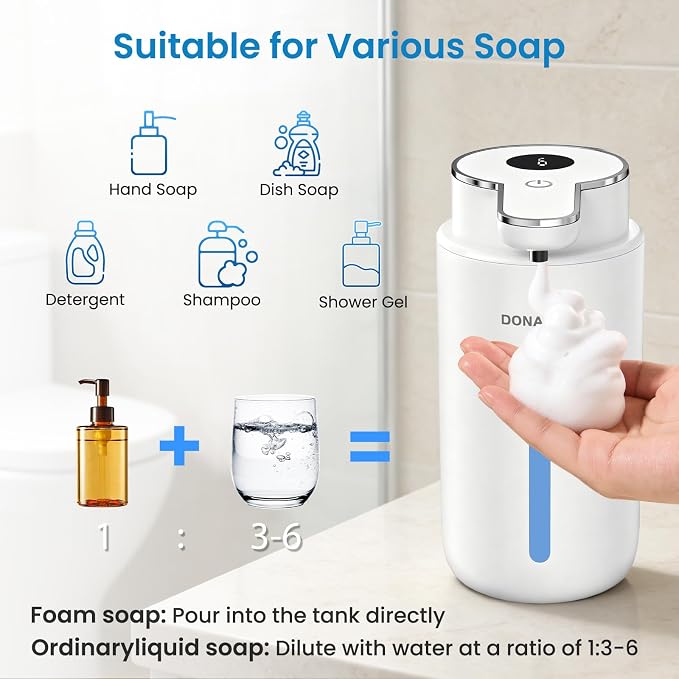Automatic Foaming Soap Dispenser Touchless, 15oz/420ml USB-C Rechargeable Hand Soap Dispenser, 6-Level Adjustable Foam, IPX5 Waterproof, Wall Mount or Countertop for Bathroom Kitchen, White