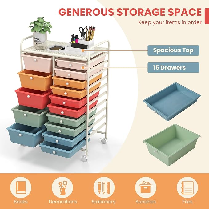 Moccha 15-Drawer Rolling Storage Cart - Under Desk Storage Drawers with wheels for Craft Art Supply Paper Salon, Scrapbook Paper Tools, Mobile Utility Cart for Classroom (15 Drawers, Macaron)