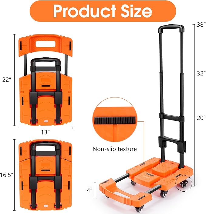 Voipvvii Folding Hand Truck500lbs, Portable Heavy Duty Dolly Cart, 6 Wheels Collapsible Luggage Cart with 2 Elastic Ropes - Compact Trolley Cart for Easy Moving - Ideal Hand Cart for Travel and More