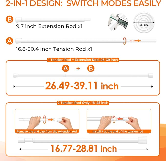 White Tension Curtain Rod 18-39 Inch Small Adjustable Spring Loaded Rod | No Drill Non Slip Sturdy Renter Friendly Rods for Small Window Bookshelf Doorway Closet Pantry