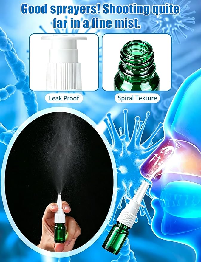 10 Pcs Nasal Spray Bottle, 5ML/0.17OZ 6 Pcs Green Fine Mist Glass Refillable Empty Nasal Spray Bottle with 2 Funnels and 2 Labels
