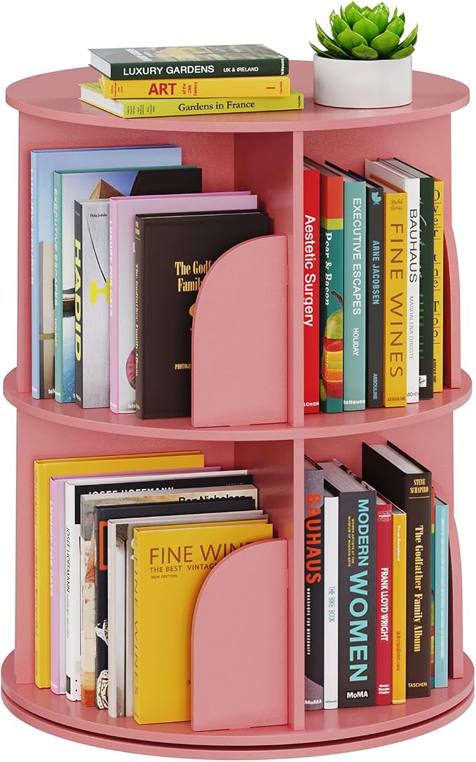 SpaceAid 2 Tier Rotating Bookshelf Tower, Spinning Bookcase Lazy Susan, Revolving 360 Book Shelf Storage Round Carousel, Vertical Rotate Turning Spiral Corner Organizer, Pink