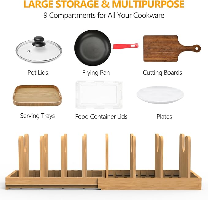 Pots and Pans Organizer under Cabinet,Pot and Pan Organizer,Lid Organizer | Expandable Bamboo Pan and Lid Organizer, 16" to 28" Adjustable Length and 10 Dividers