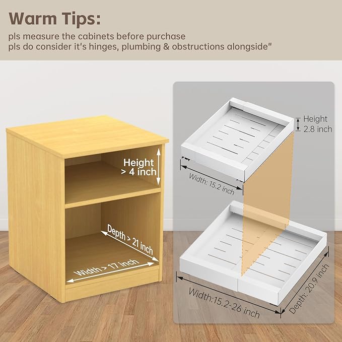 2Pack Expandable Pull Out Cabinet Organizer 21" Deep - Sliding Drawer Organizer Roll Out Shelves Adhesive - Adjustable Width 15.2"-26.2" W (White)