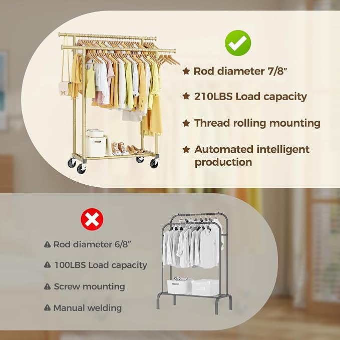 HYSEYY Double Rods Clothes Rack, Sturdy Rolling Clothing Rack, Portable Clothing Racks for Hanging Clothes - Metal Garment Rack Wardrobe Coat Rack for Bedroom Laundry Living Room, Light Gold