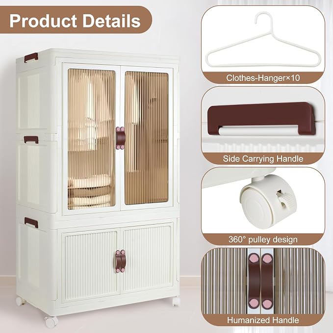 Household Foldable Closet Organizer for Storing Clothes,Books,Living Supplies,Simple Installation Storage Bins and Upgraded and Thickened Material with 360 ° Universal Pulley（With 10 Clothes Hangers）