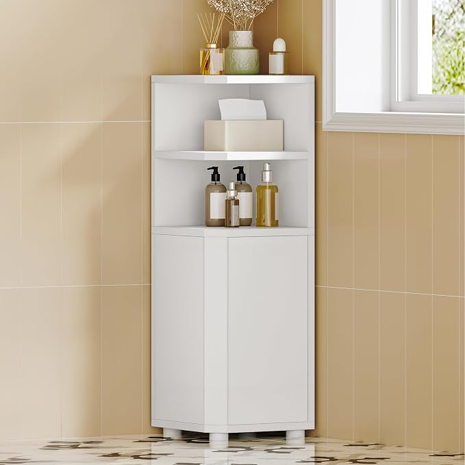 Hzuaneri Corner Cabinet, Small Bathroom Corner Cabinet with Doors | Narrow Storage Cabinets with Adjustable Shelves, Bathroom Organizers and Storage for Small Space, White BC21003X