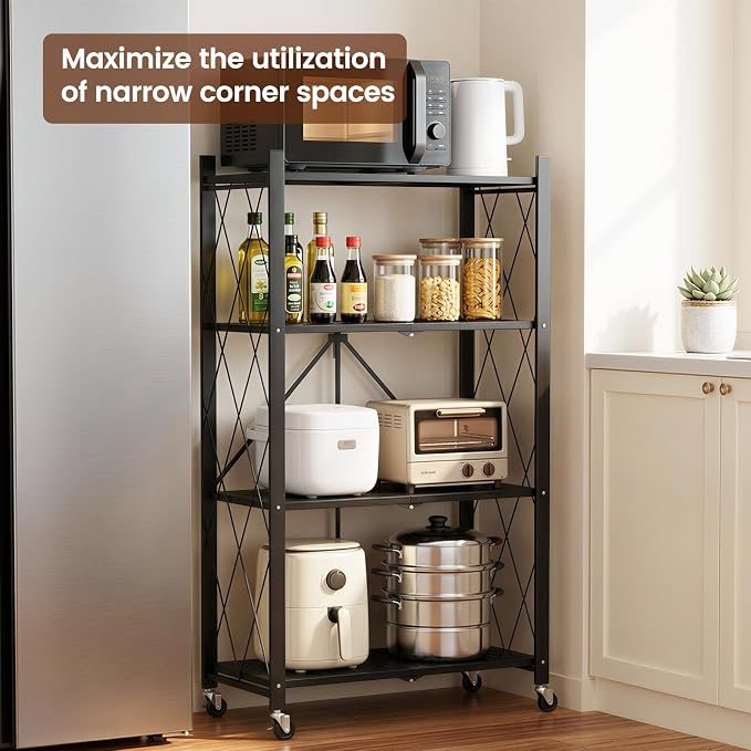 ALANNG 4 Tier Folding Storage Shelf on Wheels,Heavy Duty Metal Rolling Cart | 264 lbs Capacity, No Tools Assembly, Folds to 3.9", Lockable Casters, Portable for Kitchen Laundry Garage