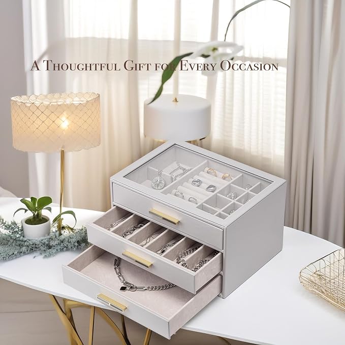 VLANDO 3-Drawer Jewelry Box with Glass Lid, Faux Leather Organizer for Rings Earrings Necklaces and More, Gift-Ready Jewelry Case for Women Girls or Moms, Grey