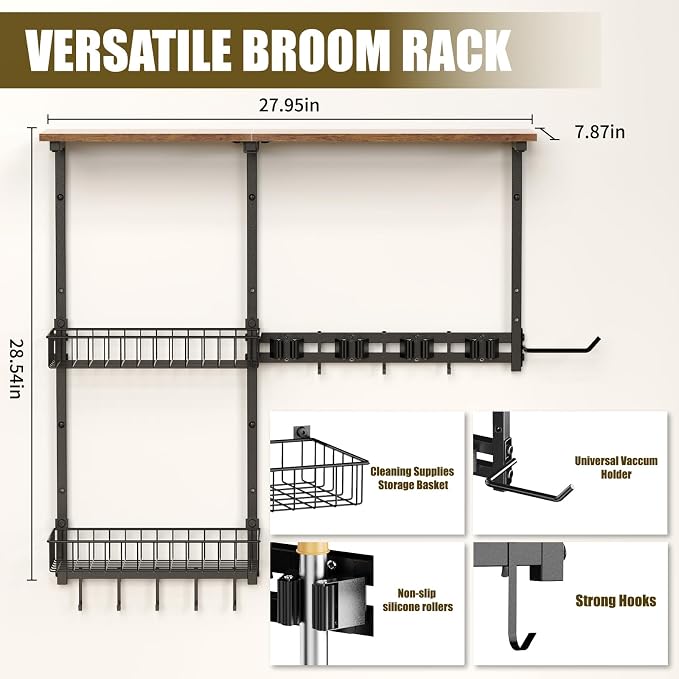 Broom Holder Wall Mount，Mop Rack With Storage Basket,Diversity Laundry Room Cleaning Tool Storage container，Suitable Family Garage Kitchen Organization Wall-Mounted Rack (Black, Medium)