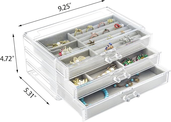 Weiai Acrylic Jewelry Box Organizer 3 Drawer Earring Storage Case Tray for Women