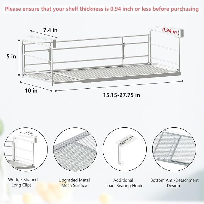 Expandable Under Cabinet Shelf, Extendable Under Shelf Storage with Removable Wire-Like Back for Pantry Cabinet, Laundry Room, Shoe Rack. (White, 2 Pack, Interior: 5" H x 10" D)