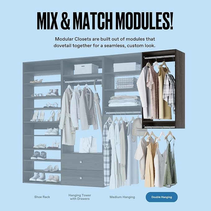 Double Hanging Closet Unit - Modular Corner Closet System - Grey, 36 inches Wide - Includes Shelves