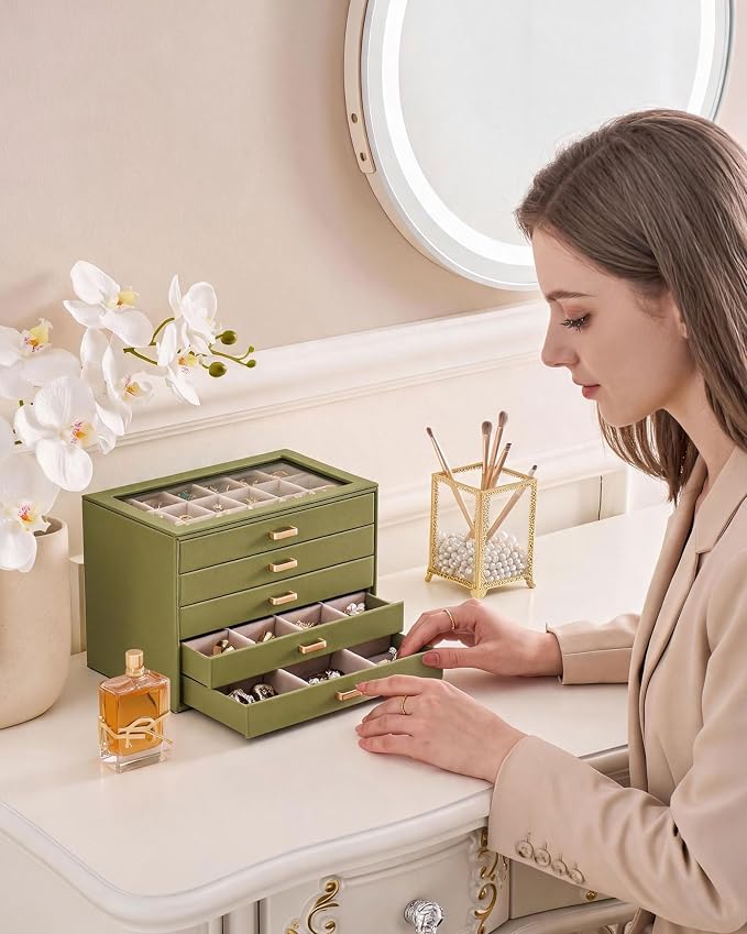 Lolalet Earring Organizer, Jewelry Box with Clear Lid -Sage, 5 Layer | PU Leather, Velvet, Removable Dividers, Dustproof, Easy Clean, For Studs Rings, Gift for Women Girls, Home Aesthetic Decor