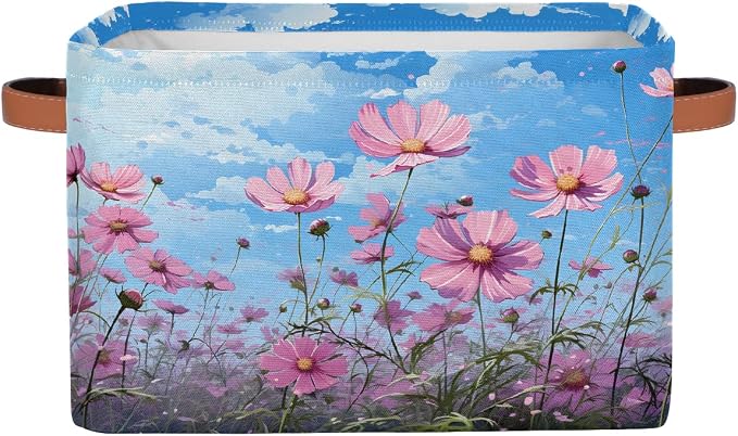 Rectangular Storage Baskets Beautiful Pink Flowers Fabric Storage Bin Toy Organizer Box with PU Leather Handles for Room Decor