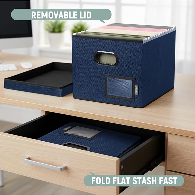 BALEINE File Organizer Box with Lid, Collapsible File Folder Organizer with Plastic Slide, Filing Box for Office Home Document Organizer Storage (Blue, 1PK)