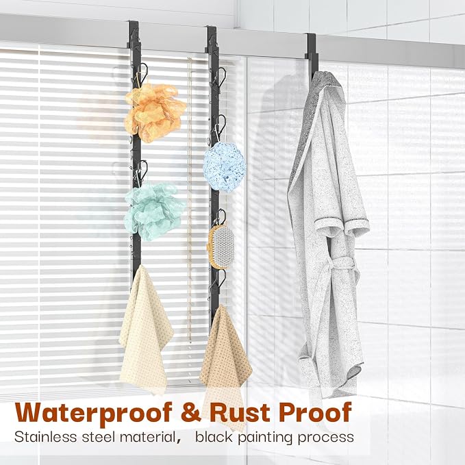Over The Door Hooks 2 Pack,12 Heavy Duty Towel Rack All Metal Coat Hanger for Jacket Robe Hat Purse Bags in Bathroom Bedroom Dorm, 28.3 Inches, Black