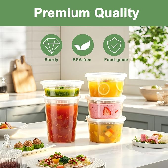 Lamosi Deli Containers with Lids 48 Sets, 32/16/8 oz X 16 Set Each | BPA Free Plastic Food Containers with Lids for Soup and Takeout Meal Prep Storage, Freezer, Microwave and Dishwasher Safe
