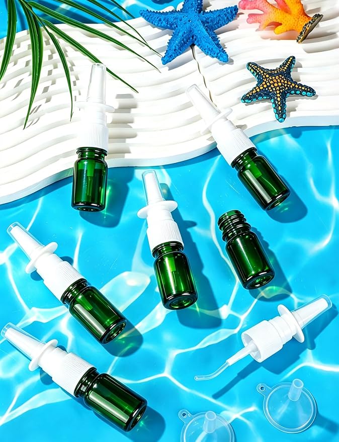 10 Pcs Nasal Spray Bottle, 5ML/0.17OZ 6 Pcs Green Fine Mist Glass Refillable Empty Nasal Spray Bottle with 2 Funnels and 2 Labels