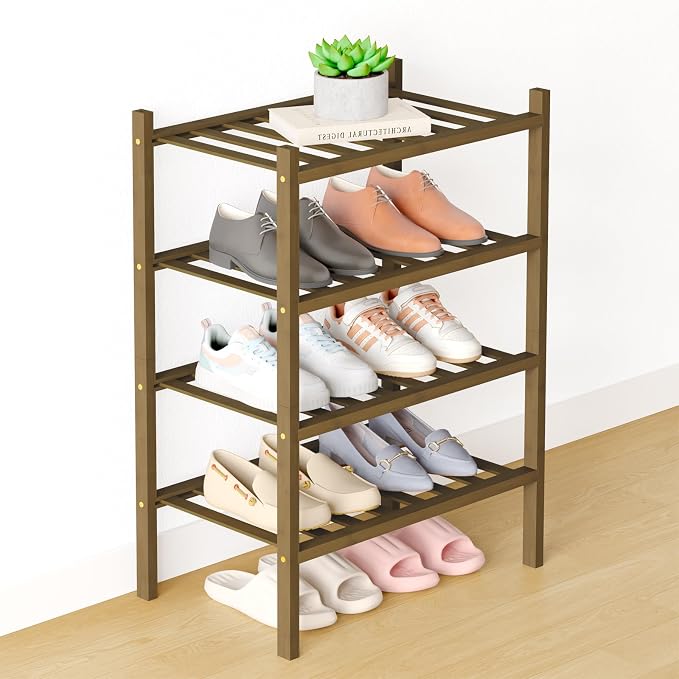 Smiry Bamboo Shoe Rack for Closet, 4 Tier Small Wooden Shoe Organizer, Stackable Wood Shoe Storage Shelf for Entryway, 14 Vertical Slats, 2+2 Stack Heavy-Duty Legs, 17.32"x11.02"x25.98", Walnut