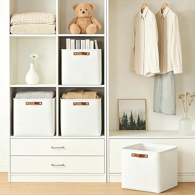 Bagnizer 13x13 Cube Storage Bins, Collapsible Fabric Storage Box, 4 Pack Closet Baskets with Handles for Organizing, Shelf, Toys, Clothes, Home, Office, Nursery (White)
