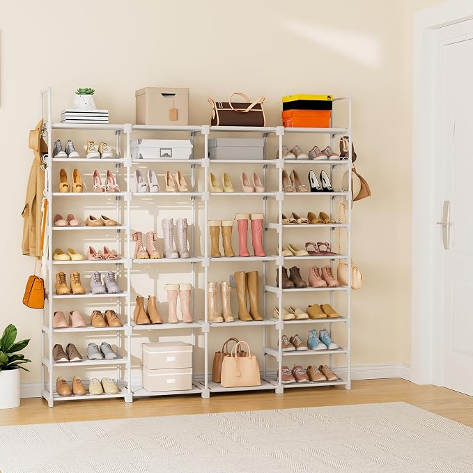 ROJASOP Large Shoe Rack Organizer for Entryway Closet 64-68 Pairs 9-Tier Heavy Duty Tall Garage Shoe Rack Shoe Shelf Shoes Storage with 18 Pcs Removable Side Hooks for Bedroom and Garage White
