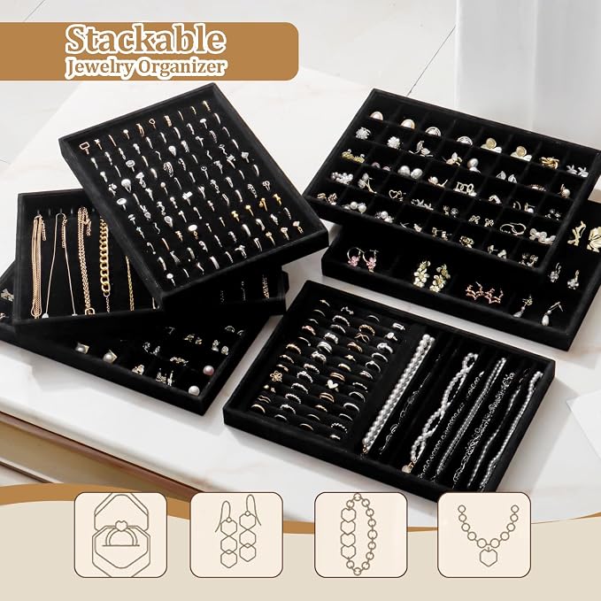 Large Jewelry Organizer for Drawer Insert Velvet Stackable Jewelry Trays for Earring Necklace Bracelet Ring Display (Black, Ring 100 Slots)