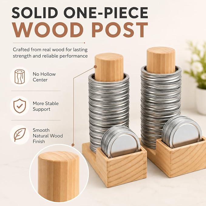 Mason Jar Lid Organizer, 2 Pack Wood Holder for Regular & Wide Mouth | Solid Pine Wood, 2-Pack Set, Regular & Wide Mouth, Holds 26 Rings & 44 Lids, Space-Saving Storage