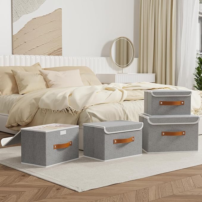 OUTBROS Collapsible Storage Cubes with Lid, Linen Fabric Wardrobe Baskets, Large Box For Towels, Clothes, 15 x 9.8 x 9.8 inch, Grey, 3-Pack