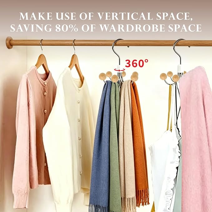 Sweatshirt Hangers with 6 Cedar Balls, Purse Hanger, Scarf Hanger, Wooden Closet Hooks, Handbag Organizer, Bra Hanger, Accessory Organizers for Scarf, Tanktop, Hat, Hoodie-Wood Color(1 Pack)