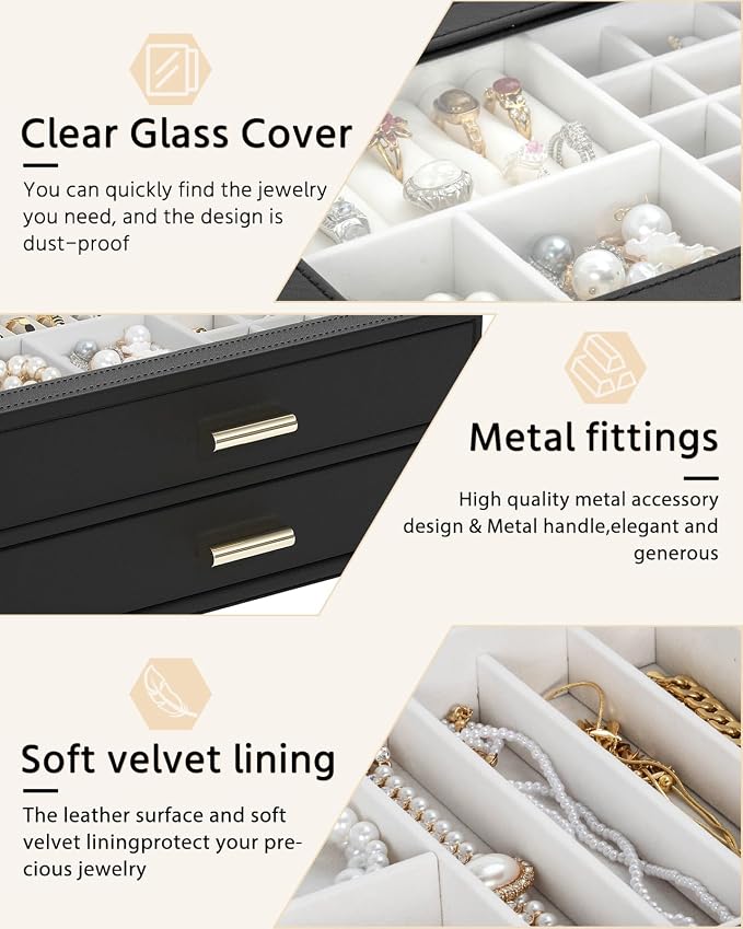 AKOZLIN Jewelry Box with Clear Lid Functional Leather Jewelry Storage Organizer Case 2 Drawers for Women Girls Necklace Ring Bracelet Earring