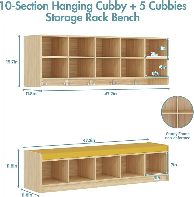 Wall-Mounted Cubby Storage Organizer 10-Section with Shoe Bench Set, Wooden Wall Cubbies with Hooks and Removable PU Cushion for Home, School, Nursery, and Kindergarten