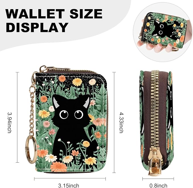 Credit Card Holder for Women,Small Rfid Wallet with Keychain Zipper,Cute PU Leather Card Case Wallet，Accordion Credit Card Wallets Gift,Yellow Flowers and Black Cats