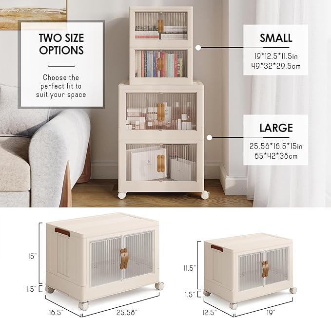 STORAGEBUD 4 Tier Plastic Stackable Storage Bins Open Front with Lids & 360° Wheels 35 QT - Collapsible Storage Bins Home Office Closet Storage Organization, Foldable Clothes Storage Cabinet, 8.8 GAL