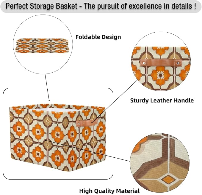 Rectangular Storage Baskets Brown Orange Flower Pattern Fabric Storage Bin Toy Organizer Box with PU Leather Handles for Room Decor