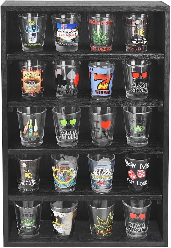 Ikee Design Wooden Wall-Mounted Display Shelves Rack for Collectibles, Figures,Shot Glasses,Spice Can,Cosmetics or Perfume, 5 Adjustable Height Shelves,Space-Saving, Black Color