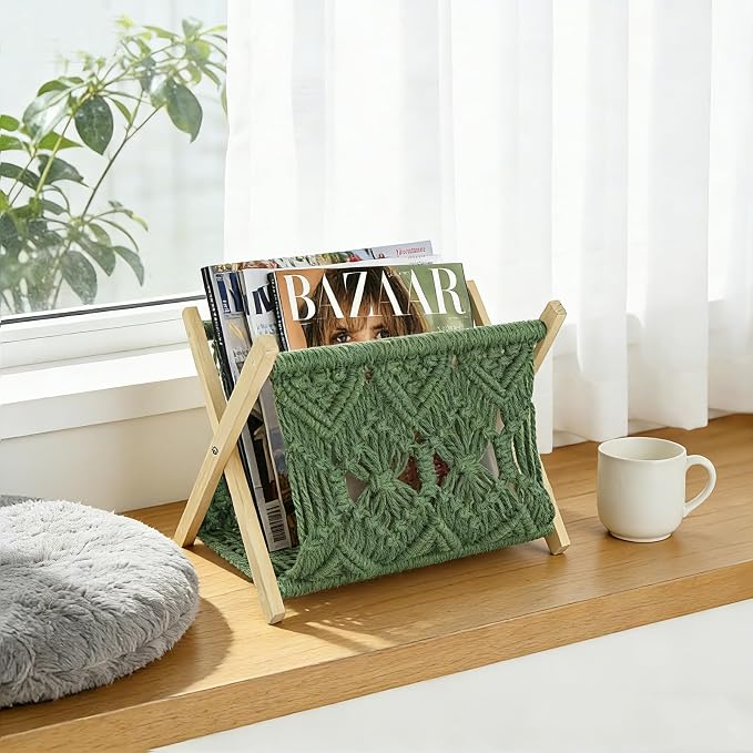 Boho Macrame Magazine Holder,Hand-Woven Magazine Rack for Home Office | Multifunctional Storage Basket for Letters, Magazines, Books and Newspapers