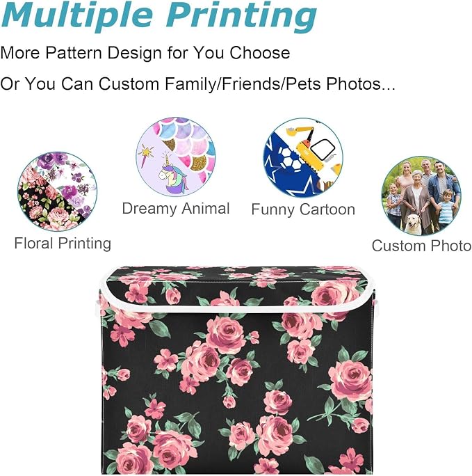 CaTaKu Large Fabric Storage Bins With Lids, Floral Pink Rose Storage Boxes With Handles for Organizing Clothes, Collapsible Storage Cube Bins Baskets for Shelves